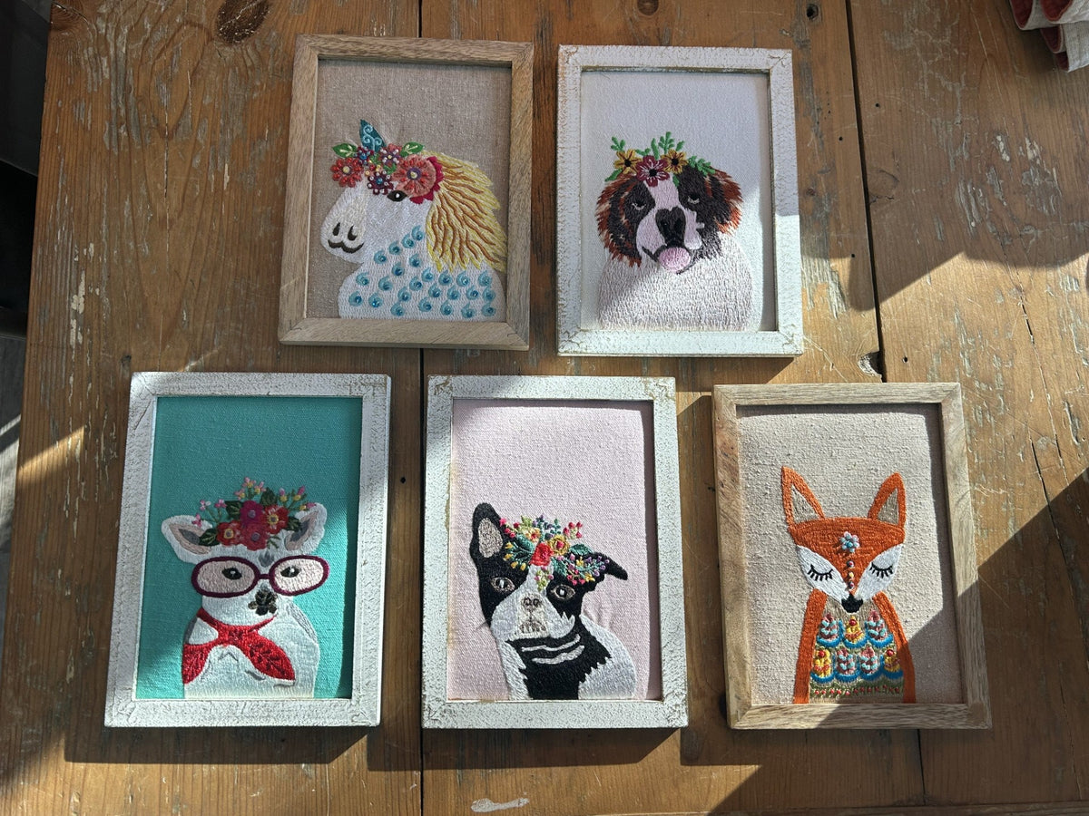 Hand Embroidered Critter in Wooden frame