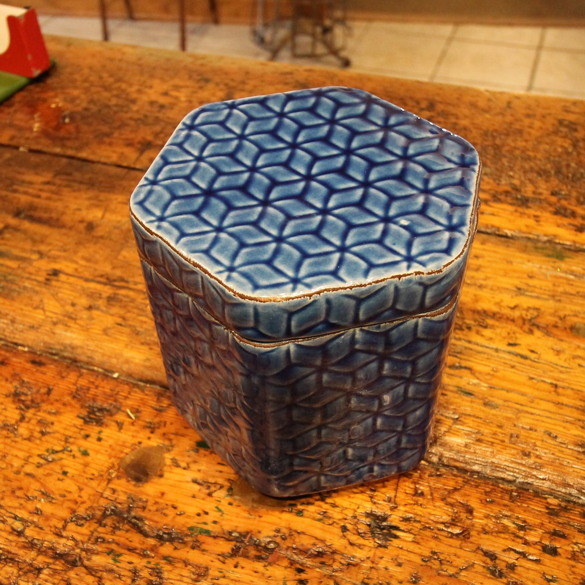 Distressed Debossed Stoneware Jar with Lid, Blue