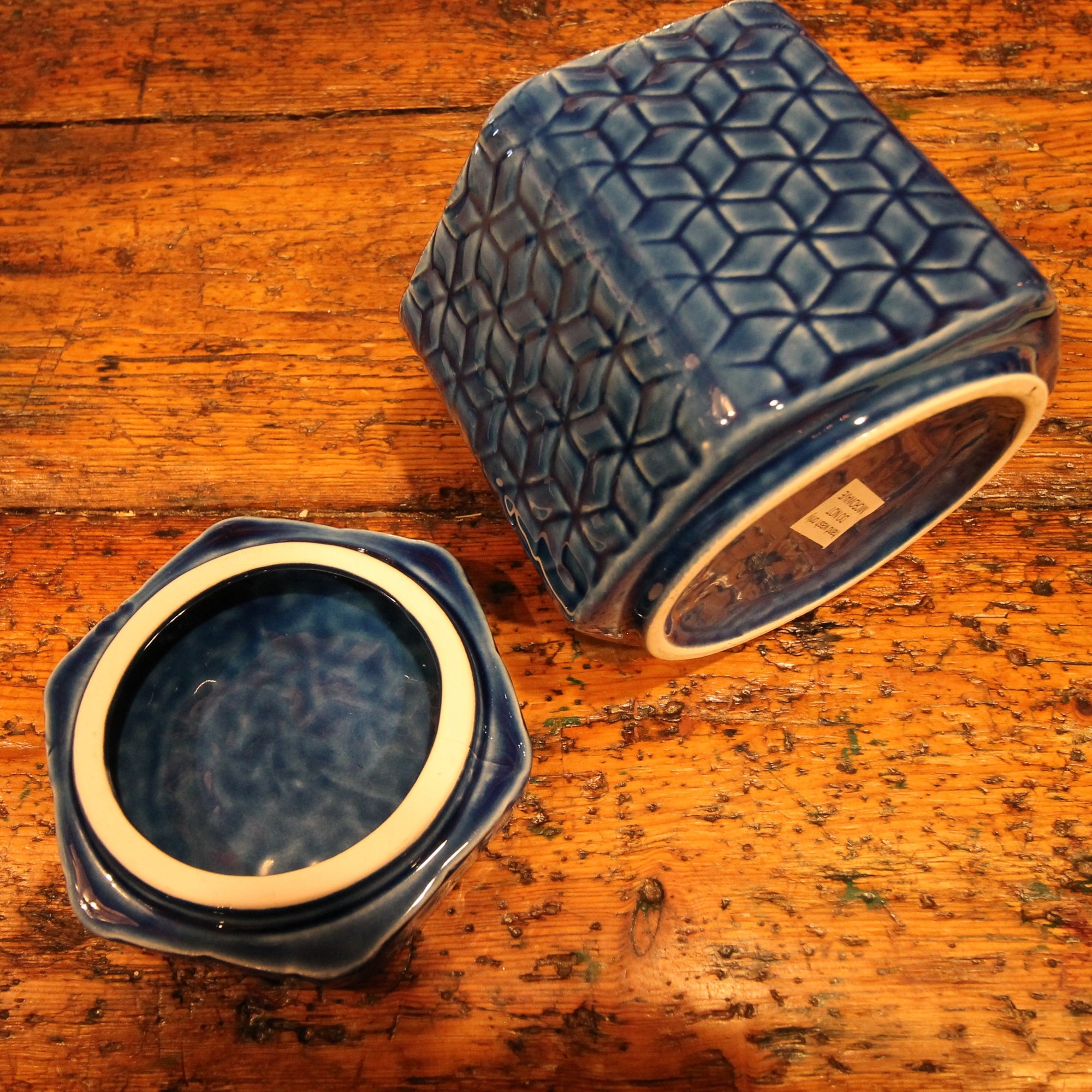 Distressed Debossed Stoneware Jar with Lid, Blue