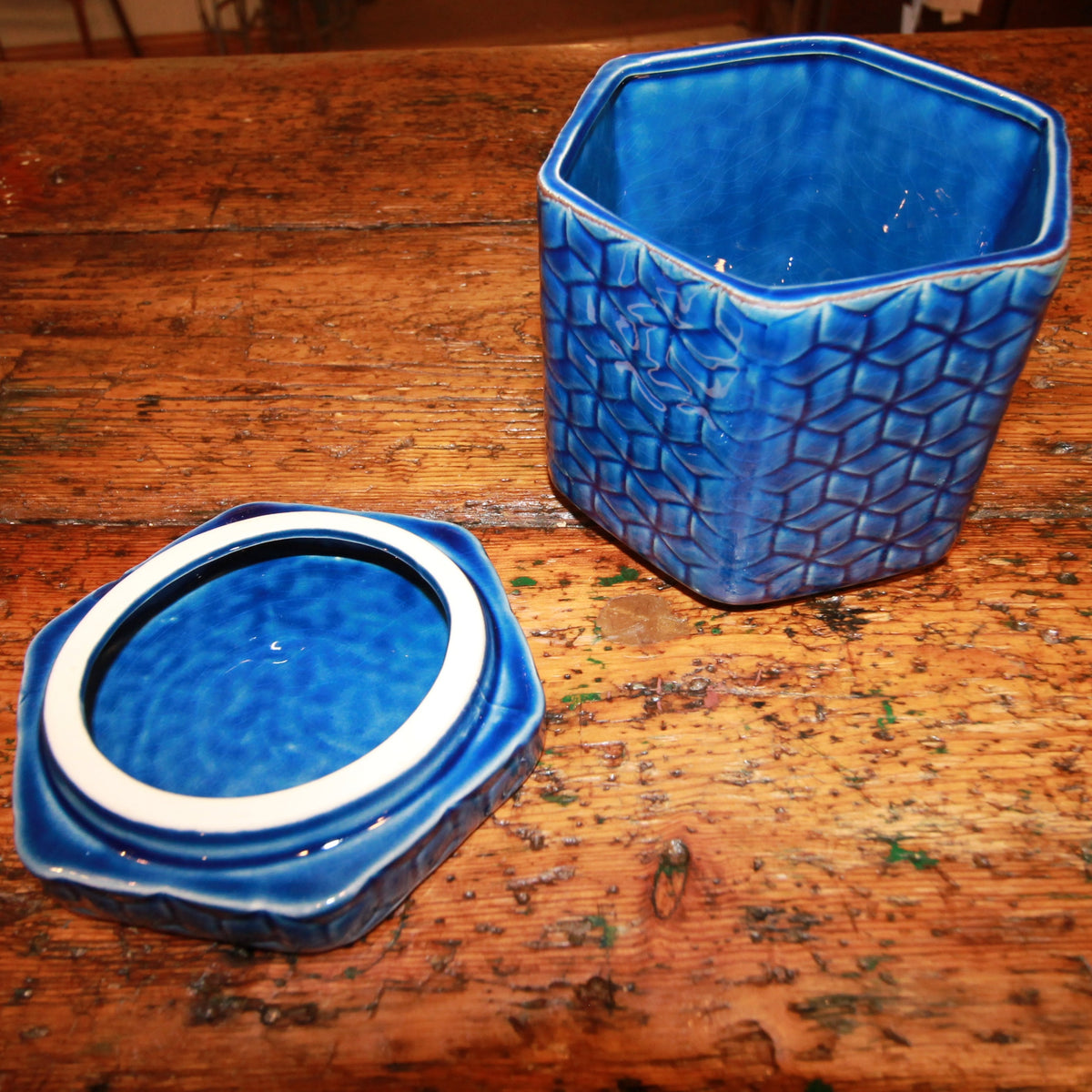 Distressed Debossed Stoneware Jar with Lid, Blue
