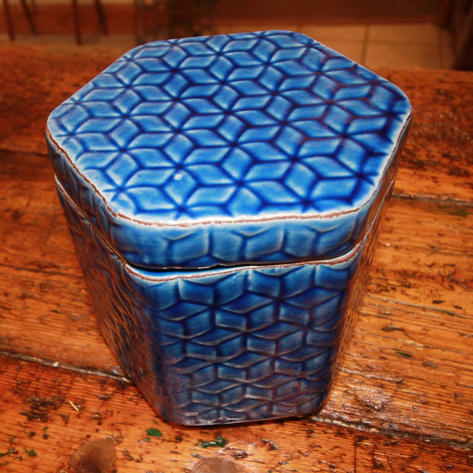 Distressed Debossed Stoneware Jar with Lid, Blue